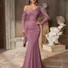 Women's Asymmetrical Rhinestone Mermaid Maxi Evening Gown with Train