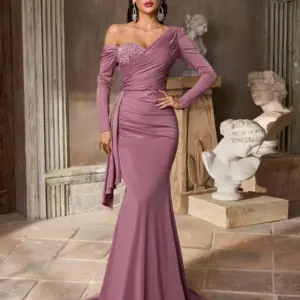 Women's Asymmetrical Rhinestone Mermaid Maxi Evening Gown with Train