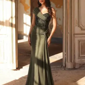 Women's One Shoulder Beaded Mermaid Maxi Evening Gown