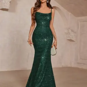 Women's Sequin Mermaid Maxi Evening Dress with Spaghetti Straps