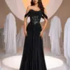 Women's Cold Shoulder Sequin A-Line Maxi Evening Dress