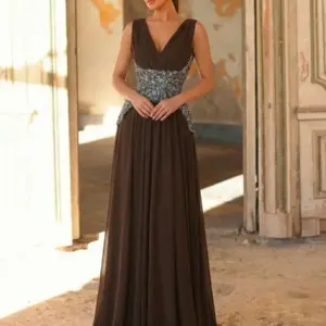 Women's Sequin Chiffon A-Line Maxi Evening Dress with Front Slit