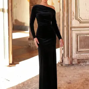 Women's Asymmetrical Neck Ruched Split Maxi Evening Dress