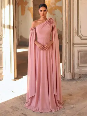 Women's Asymmetrical Chiffon A-Line Maxi Cape Sleeve Evening Dress