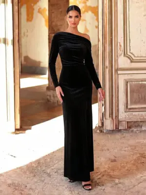 Women's Asymmetrical Neck Ruched Split Maxi Evening Dress