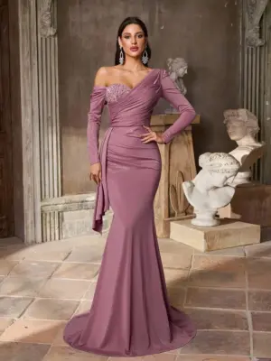 Women's Asymmetrical Rhinestone Mermaid Maxi Evening Gown with Train