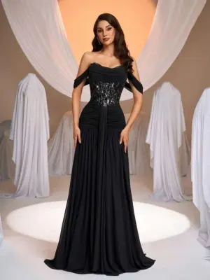 Women's Cold Shoulder Sequin A-Line Maxi Evening Dress