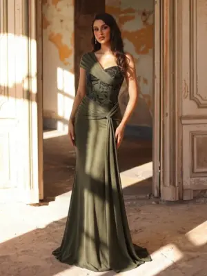 Women's One Shoulder Beaded Mermaid Maxi Evening Gown