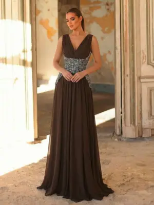 Women's Sequin Chiffon A-Line Maxi Evening Dress with Front Slit