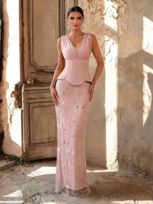 Women's Sequin Chiffon V-Neck Maxi Evening Gown with Back Slit