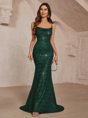 Women's Sequin Mermaid Maxi Evening Dress with Spaghetti Straps